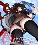  ! 1girl asymmetrical_wings black_dress black_hair black_panties black_thighhighs blue_wings breasts character_name commentary_request dress envenomist_(gengoroumaru) fang floating_hair from_below highres houjuu_nue looking_at_viewer medium_breasts medium_hair midriff navel no_bra panties pantyshot parted_lips pointy_ears red_eyes red_wings short_sleeves skin_fang slit_pupils solo thighhighs thighs touhou two-tone_wings underboob underwear wind wind_lift wings 