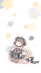  1girl animal animal_on_head ankle_socks argyle_clothes argyle_dress argyle_hat bare_shoulders black_eyes black_hair black_shoes blue_bow blue_choker blue_dress blue_hat blue_sleeves blush_stickers bow bunny_moon_(shining_nikki) chibi chinese_commentary choker commentary_request detached_sleeves dress earrings frilled_dress frilled_sleeves frills grey_socks hands_on_lap hat highres interruption_(echo-023) jewelry lolita_fashion long_dress looking_up moon_phases moon_print nikki_(series) no_mouth on_head on_plate planet planetary_ring pom_pom_(clothes) print_dress saucer shadow shining_nikki shoes short_hair short_sleeves single_stripe sitting sleeveless sleeveless_dress socks solid_oval_eyes solo sphere_earrings star_(symbol) striped_bow striped_choker striped_sleeves upturned_eyes white_background white_rabbit_(animal) 