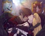  1boy 1girl artist_name black_hair black_wings blonde_hair devil_jin dual_persona facial_mark grey_horns highres horns hr32828606 kazama_jin lili_(tekken) long_hair red_eyes signature tekken tekken_8 thick_eyebrows wings 