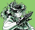  1980s_(style) 1girl chromatic_aberration clenched_hand collared_jacket commentary_request danee earrings gloves green_theme highres jacket jewelry korean_commentary leona_heidern military_uniform monochrome ponytail retro_artstyle short_sleeves snk solo the_king_of_fighters the_king_of_fighters_xv triangle_earrings 