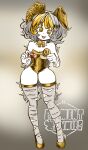  1girl animal_ear_hairband animal_ears bare_shoulders blonde_hair bow breasts cleavage detached_collar fake_animal_ears gold_leotard gold_shoes grey_hair hairband high_heels highleg highres holding holding_removed_eyewear leotard long_hair looking_at_viewer multicolored_hair nanasemomoka original playboy_bunny rabbit_ear_hairband rabbit_ears shiny_leotard shoes solo strapless strapless_leotard streaked_hair thallium_bunny thighhighs torn_clothes torn_thighhighs unworn_eyewear white_wrist_cuffs wrist_cuffs yellow_eyes 