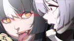  2girls azami_(blue_archive) black_hair blue_archive close-up commentary copyright_request crazy_eyes eye_trail fangs from_side glowing glowing_eyes highres kakegurui lenslans light_trail long_tongue looking_at_another looking_to_the_side meme multicolored_hair multiple_girls nervous neta open_mouth parody red_eyes scene_reference shuro_(blue_archive) slit_pupils snake sweatdrop tongue two-tone_hair untranslatable_commentary white_hair 