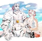  2boys :p abs arknights bara beach bulge closed_eyes cup drink furry furry_male highres holding holding_cup holding_drink horns hung_(arknights) korean_commentary korean_text looking_at_another male_focus male_underwear mountain_(arknights) multiple_boys mythological_creature ocean p2yong pectorals shirt single_horn sleeveless sleeveless_shirt striped sunglasses tiger_boy tongue tongue_out translation_request underwear white_shirt 