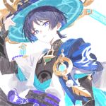  1boy absurdres anemo_symbol_(genshin_impact) arm_at_side armor belt black_belt black_bodysuit black_bow black_bridal_gauntlets black_hair black_shorts blue_cape blue_gem blue_hair blue_hat blue_jingasa blue_kimono blue_sleeves blunt_ends bodysuit bow bridal_gauntlets bright_pupils cape choppy_bangs colored_inner_hair commentary_request covered_collarbone eyeliner feathers furisode gem genshin_impact gold gold_ring hand_up hat highres japanese_armor japanese_clothes jingasa juban kimono kote kurokote layered_sleeves looking_at_viewer makeup male_focus mandarin_collar middle_ring multicolored_hair open_clothes open_kimono open_mouth pom_pom_(clothes) purple_eyes purple_rope purple_sash red_eyeliner rope sash scaramouche_(genshin_impact) short_sleeves shorts shoulder_peek side_cape solo tassel tsurime upper_body user_jugk4247 vision_(genshin_impact) wanderer_(genshin_impact) white_background white_kimono white_mouth white_pupils white_sleeves white_trim yellow_feathers 