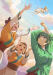  3girls arms_up bandaged_arm bandages blue_eyes blue_sky blunt_bangs blush braid breasts brown_eyes brown_hair cat closed_eyes closed_mouth cloud cloudy_sky cowboy_shot day dutch_angle eyelashes freckles hair_ornament hair_rings highres hutarikiri2025 kusuriya_no_hitorigoto low_twintails mao_mao_the_cat maomao_(kusuriya_no_hitorigoto) medium_breasts multiple_girls one_side_up open_mouth outdoors purple_eyes shisui_(kusuriya_no_hitorigoto) sidelocks sky small_breasts smile twintails upper_body xiaolan_(kusuriya_no_hitorigoto) 