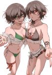  2girls absurdres alternate_costume bikini bikini_day breasts brown_hair cleavage commentary_request green_bikini green_eyes green_nails hand_on_another's_waist highres houjuu_nue leg_ribbon looking_at_viewer missing_headwear missing_wings multiple_girls murasa_minamitsu navel open_mouth panilla pointy_ears red_eyes red_nails red_ribbon ribbon short_hair side-tie_bikini_bottom simple_background smile stomach swimsuit thigh_ribbon thighs touhou twitter_username white_background 