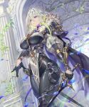  1girl armor black_bodysuit black_gloves bodysuit breasts cape choker colored_inner_hair column commentary_request copyright_notice covered_underboob cowboy_shot from_below fur_trim glint glove_nails gloves grey_hair hair_between_eyes half_gloves heartless_strategist highres holding holding_sword holding_weapon large_breasts looking_ahead mole mole_under_eye multicolored_hair official_art pauldrons pelvic_curtain pendant_choker pillar plackart purple_choker scabbard shadowverse shadowverse:_worlds_beyond sheath shoulder_armor solo sword two-sided_cape two-sided_fabric unsheathed vambraces vaulted_ceiling weapon yanagawa_eri 