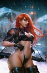  1girl black_boots black_bra black_jacket black_panties boots bra breasts chest_holster comic_cover commentary cover cover_page cropped_jacket dahlia_racers derrick_chew english_commentary gun gun_honey highres holster holstered jacket large_breasts leather_bra long_hair looking_at_viewer navel panties red_hair rifle signature solo textless_cover_page textless_version thigh_boots underwear weapon 