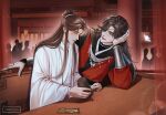  2boys artist_name bandaged_neck bandages bishounen black_hair bracer brown_eyes brown_hair bug butterfly chinese_clothes closed_mouth crowd eye_contact eyepatch glowing_butterfly hair_bun hair_ribbon hanfu heaven_official's_blessing highres holding hua_cheng indoors jewelry lanawaay lantern light_particles long_hair long_sleeves looking_at_another male_focus multiple_boys necklace parted_bangs people pillar ribbon robe single_hair_bun sitting smile string table tassel very_long_hair white_butterfly white_hanfu white_robe wide_sleeves wooden_table xie_lian yaoi 
