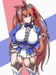  1girl animal_ears black_thighhighs blue_bow blue_jacket bow breasts brown_hair center_frills commentary_request daiwa_scarlet_(peak_blue)_(umamusume) daiwa_scarlet_(umamusume) deno_(denomina0) epaulettes frills garter_straps hair_intakes highres horse_ears horse_girl horse_tail jacket juliet_sleeves large_breasts layered_legwear layered_skirt long_hair long_sleeves looking_at_viewer puffy_sleeves red_eyes shirt skirt solo tail thighhighs tiara twintails umamusume very_long_hair white_shirt white_thighhighs 