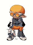  1boy artist_name breast_pocket buttons clenched_hand commentary fingerless_gloves full_body gloves goggles grey-framed_eyewear hand_up head_rest highres inkling inkling_boy jacket looking_to_the_side male_focus orange-tinted_eyewear orange_hair orange_leggings pocket pointy_ears shoes shogo_(shogo70449442) short_hair signature simple_background sitting solo splatoon_(series) spread_legs tinted_eyewear white_background white_footwear white_gloves white_jacket 