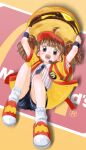  1girl arms_up badge bandaid bandaid_on_knee bandaid_on_leg black_eyes black_necktie black_shorts brown_hair burger button_badge collared_shirt commentary_request food from_below full_body happi headset highres holding holding_burger holding_food imadake_dabuchi_tabemi japanese_clothes looking_at_viewer mcdonald's necktie open_mouth oversized_food oversized_object red_shoes shirt shoes short_hair short_sleeves shorts smile socks solo striped_clothes striped_shirt teeth tie_clip twintails upper_teeth_only vertical-striped_clothes vertical-striped_shirt visor_cap wanda_(wondaba) white_shirt white_socks wristband yellow_happi 