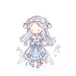  1girl bare_shoulders black_eyes blue_bow blue_choker blue_dress blue_shoes blue_sleeves blush_stickers bow bow_choker bubble chibi chinese_commentary chinese_hairpin choker coattails commentary_request cone_hair_bun deep_in_the_clouds_(shining_nikki) detached_sleeves double_bun dress forehead frilled_anklet frilled_choker frilled_sleeves frills grey_hair hair_bun hair_ornament hair_stick interruption_(echo-023) long_hair long_sleeves nikki_(series) no_mouth puffy_long_sleeves puffy_sleeves ripples see-through_clothes see-through_sleeves shining_nikki shoes solid_oval_eyes solo standing standing_on_liquid strapless strapless_dress striped_clothes striped_dress tailcoat vertical-striped_clothes vertical-striped_dress very_long_hair waist_bow water_drop white_background 