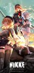  3girls absurdres ahoge anis_(nikke) belt beret black_gloves black_thighhighs blue_neckerchief breasts brown_eyes brown_hair bullpup choker closed_mouth copyright_logo counters_(nikke) glasses gloves goddess_of_victory:_nikke green_eyes groin gun hair_ornament hat highres jacket knee_armor large_breasts logo long_hair looking_at_viewer looking_to_the_side multiple_girls neckerchief necktie neon_(nikke) official_art official_wallpaper pleated_skirt rapi_(nikke) red_eyes red_hair red_necktie short_hair shorts skirt sky standard_manufacturing_dp-12 standing sunrise thighhighs weapon white_hair white_skirt zettai_ryouiki 