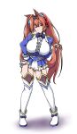  1girl animal_ears black_thighhighs blue_bow blue_jacket bow breasts brown_hair center_frills commentary_request daiwa_scarlet_(peak_blue)_(umamusume) daiwa_scarlet_(umamusume) deno_(denomina0) epaulettes frills full_body garter_straps hair_intakes highres horse_ears horse_girl horse_tail jacket juliet_sleeves large_breasts layered_legwear layered_skirt long_hair long_sleeves looking_at_viewer puffy_sleeves red_eyes shirt shoes simple_background skirt solo standing tail thighhighs tiara twintails umamusume very_long_hair white_background white_shirt white_shoes white_thighhighs 