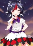  1girl back_bow black_hair blush bow bowtie commentary cone_horns dress grey_horns hand_on_own_hip highres horns kijin_seija looking_at_viewer medium_hair multicolored_hair one_eye_closed open_mouth puffy_short_sleeves puffy_sleeves purple_bow purple_bowtie red_streaks ruu_(tksymkw) short_sleeves small_horns smile solo streaked_hair touhou white_dress white_streaks 