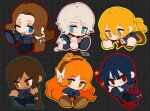  6+girls animalization beaver black_background black_jacket blonde_hair blue_eyes blue_hair blush brown_eyes brown_hair cat chibi collared_shirt commentary dark-skinned_female dark_skin dog don_quixote_(project_moon) english_commentary faust_(project_moon) freckles green_eyes grid_background hand_on_own_arm ishmael_(project_moon) jacket lcb_uniform_(project_moon) limbus_company long_hair multiple_girls necktie octopus open_mouth orange_hair outis_(project_moon) outline outstretched_arms pink_sweater pointing project_moon red_eyes red_necktie ribbed_sweater rodion_(project_moon) ryoshu_(project_moon) shirt short_hair smile smug spread_arms sweater sword unlit_cigarette_in_mouth vanlulu very_long_hair weapon white_hair white_shirt yellow_eyes 