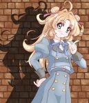 1girl aged_up ahoge akechi_anna aqua_shirt aqua_skirt blue_ribbon brick_wall closed_mouth collared_shirt commentary_request cowboy_shot green_eyes hair_intakes hair_ribbon hand_on_own_hip hand_up hebobox highres juliet_sleeves l_hand lapels long_hair long_sleeves looking_at_viewer makoto_mirai_academy_high_school_uniform meitantei_conan meitantei_precure! neck_ribbon orange_hair precure puffy_sleeves red_ribbon ribbon school_uniform shadow shirt skirt sleeve_cuffs smile solo standing undershirt white_shirt 