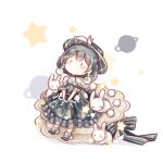  1girl animal animal_on_head ankle_socks argyle_clothes argyle_dress argyle_hat bare_shoulders black_eyes black_hair black_shoes blue_bow blue_choker blue_dress blue_hat blue_sleeves blush_stickers bow bunny_moon_(shining_nikki) chibi chinese_commentary choker commentary_request detached_sleeves dress earrings frilled_dress frilled_sleeves frills grey_socks hands_on_lap hat interruption_(echo-023) jewelry lolita_fashion long_dress looking_up moon_phases moon_print nikki_(series) no_mouth on_head on_plate planet planetary_ring pom_pom_(clothes) print_dress saucer shadow shining_nikki shoes short_hair short_sleeves single_stripe sitting sleeveless sleeveless_dress socks solid_oval_eyes solo sphere_earrings star_(symbol) striped_bow striped_choker striped_sleeves upturned_eyes white_background white_rabbit_(animal) 