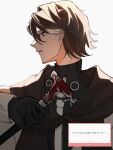  1boy backlighting black-framed_eyewear black_gloves black_scarf brown_eyes brown_hair cane coat commentary_request from_side glasses gloves highres holding holding_cane honkai:_star_rail honkai_(series) long_sleeves looking_to_the_side male_focus multicolored_hair parted_lips protected_link scarf short_hair sigeojiji simple_background solo streaked_hair upper_body welt_yang white_background white_coat white_streaks 