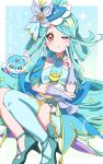  1girl absurdres aqua_hair aqua_nails aqua_necktie aqua_skirt blue_hat commentary_request cure_eclair curtain_grab curtains detached_sleeves drill_hair earrings fingernails foolforpriconne hat hat_ornament highres jewelry layered_skirt long_hair meitantei_precure! navel necktie one_eye_closed open_mouth ponytail precure sitting skirt solo twintails upper_body yellow_eyes 
