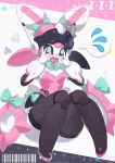 1girl aria_(robot)_(zenless_zone_zero) aria_(zenless_zone_zero) black_sclera bow bowtie colored_sclera commentary_request embarrassed fishnet_thighhighs fishnets flying_sweatdrops full_body green_bow green_bowtie green_eyes hair_bow highres leotard matsumoto_tomoyohi open_mouth pink_leotard quad_tails robot_girl solo spoken_blush spoken_flying_sweatdrops thighhighs zenless_zone_zero 