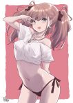  1girl \m/ alternate_costume atlanta_(kancolle) black_panties breasts brown_hair contrapposto earrings fuji_(pixiv24804665) grey_eyes hair_ribbon highres jewelry kantai_collection long_hair looking_at_viewer medium_breasts necklace off-shoulder_shirt off_shoulder panties pink_background ribbon shirt side-tie_panties solo star_(symbol) star_earrings tied_shirt two_side_up underwear white_shirt 