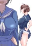  2girls blue_sailor_collar blue_serafuku blue_skirt blurry breasts brown_hair chougei_(kancolle) clothes_lift commentary_request cowboy_shot depth_of_field grey_eyes hair_bun jingei_(kancolle) kantai_collection large_breasts long_hair looking_at_viewer megakura_kinshi multiple_girls neckerchief one-hour_drawing_challenge panties plump profile sailor_collar school_uniform serafuku simple_background skirt skirt_lift solo_focus underwear white_background white_neckerchief white_panties 