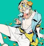  1boy abs arm_support aventurine_(honkai:_star_rail) aventurine_(waveflair)_(honkai:_star_rail) bare_pectorals blonde_hair blowing_bubble_gum blue_hair blue_shirt braid chewing_gum collarbone collared_shirt double-parted_bangs earrings flower green_background hair_behind_ear hair_between_eyes hair_flower hair_intakes hair_ornament hibiscus hidakarumen honkai:_star_rail honkai_(series) jewelry looking_at_viewer male_focus multicolored_eyes multicolored_hair multiple_earrings multiple_necklaces multiple_rings necklace official_alternate_costume open_clothes open_shirt orange_flower pectorals pendant petals piercing ring sandals shirt shorts side_braid sitting sleeves_rolled_up solo streaked_hair white_shirt white_shorts 