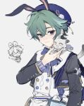  1boy animal animal_ears animal_on_shoulder apron beret black_jacket blue_bow blue_bowtie blue_eyes blue_hat blue_shirt bow bowtie buttons cat cat_ears closed_mouth empty_eyes genshin_impact green_hair grey_cat grey_fur hair_between_eyes hand_up hat highres jacket kemonomimi_mode lohen_(genshin_impact) long_sleeves looking_at_animal male_focus mole mole_under_eye multicolored_eyes multicolored_hair nekomi_0 open_clothes open_jacket open_mouth plaid_clothes plaid_shirt pom_pom_(clothes) purple_eyes rabbit_ears shirt short_hair simple_background smile solo streaked_hair white_apron white_background yellow_eyes 