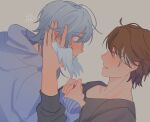  2boys :i alternate_costume black_shirt blue_hair blue_sweater blush brown_eyes brown_hair casual ceniwen closed_mouth colored_eyelashes commentary english_commentary eye_contact eyes_visible_through_hair from_side grey_background hand_on_another's_cheek hand_on_another's_face hands_on_another's_chest head_wings highres honkai:_star_rail honkai_(series) hood hood_down hooded_sweater looking_at_another male_focus multicolored_hair multiple_boys open_mouth profile shirt short_hair simple_background streaked_hair sunday_(honkai:_star_rail) sweater tearing_up welt_yang white_streaks wings yaoi yellow_eyes 