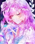  1girl absurdres amphoreus_(honkai:_star_rail) artist_name commentary cyrene_(demiurge)_(honkai:_star_rail) cyrene_(honkai:_star_rail) diamond-shaped_pupils diamond_(shape) english_commentary halo highres honkai:_star_rail honkai_(series) lari_s_art long_hair mobius_strip pink_hair purple_eyes sky smile solo star_(sky) starry_sky symbol-shaped_pupils upper_body very_long_hair 