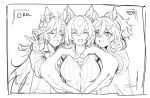  3girls animal_ears arm_around_neck battery_indicator bow breasts buttons closed_eyes crossed_bangs double_v ear_bow ear_ornament facing_viewer fake_screenshot foreshortening hair_between_eyes heart heart_hands heart_hands_duo high_ponytail horse_ears jacket jewelry katsuragi_ace_(casual)_(umamusume) katsuragi_ace_(umamusume) large_breasts long_hair long_sleeves looking_at_viewer monochrome mr._c.b._(casual)_(umamusume) mr._c.b._(umamusume) multiple_girls official_alternate_costume open_mouth ponytail reiya_(yukeewoof) shirt sirius_symboli_(casual)_(umamusume) sirius_symboli_(umamusume) umamusume upper_body v v-shaped_eyebrows very_long_hair viewfinder 