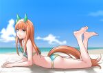  1girl animal_ears bangs bare_arms bare_legs bare_shoulders barefoot bikini blue_bikini blue_sky blurry blurry_background brown_hair closed_mouth cloud commentary_request day depth_of_field floral_print green_bikini green_eyes hairband highres horizon horse_ears horse_girl horse_tail legs_up long_hair looking_at_viewer lying ocean ogry_ching on_stomach outdoors print_bikini silence_suzuka_(umamusume) sky soles solo swimsuit tail umamusume water white_hairband 
