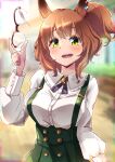  1girl animal_ears aston_machan_(casual)_(umamusume) aston_machan_(umamusume) blush breasts brown_hair casual commentary_request ear_scrunchie glasses green_eyes green_skirt hair_ornament hair_scrunchie highres holding holding_removed_eyewear horse_ears horse_girl kyabetsuman large_breasts long_sleeves looking_at_viewer medium_hair one_side_up open_mouth over-rim_eyewear red-framed_eyewear red_scrunchie scrunchie semi-rimless_eyewear shirt skirt smile solo suspender_skirt suspenders teeth umamusume unworn_eyewear upper_teeth_only white_shirt 