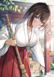  1girl architecture bamboo_broom blush breasts broom cleaning cleavage east_asian_architecture hakama hakama_skirt hawawa-chan_(shiro_kuma_shake) highres holding holding_broom japanese_clothes kimono large_breasts looking_at_viewer miko original outdoors red_hakama shiro_kuma_shake shrine skirt solo white_kimono 