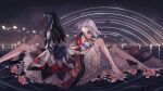  2girls antenna_hair arrow_print barefoot black_flower black_hair blue_flower blue_rose bouquet bracelet closed_mouth commentary_request cone_horns dress flower full_body grey_hair grey_horns highres holding holding_bouquet horns jewelry kijin_seija knees_up long_legs looking_at_another medium_hair multicolored_hair multiple_girls outdoors pink_flower pink_rose purple_hair red_flower red_hair red_rose rose shirt sitting small_horns star_trail streaked_hair sukuna_shinmyoumaru touhou white_dress white_shirt zerocf155 