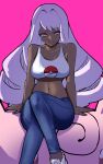  1340smile 1girl blue_pants breasts commentary crop_top dark-skinned_female dark_skin english_commentary highres jacinthe_(pokemon) long_hair pants pink_background poke_ball_print pokemon pokemon_legends:_z-a purple_eyes purple_hair shoes sitting sitting_on_object smile solo sports_bra teeth white_shoes white_sports_bra 