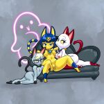  animal_crossing ankha_(animal_crossing) breasts colored_nipples couch dom furry furry_female furry_male highres navel nipples olivia_(animal_crossing) phantomdame pussy raymond_(animal_crossing) tail 