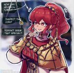  1girl absurdres alt_text anna_(fire_emblem) anna_(fire_emblem:_fortune's_weave) armor braid breasts commentary earrings english_commentary english_text finger_to_face fire_emblem fire_emblem:_fortune's_weave hair_between_eyes highres jewelry medium_breasts missingtexture notice_lines pendulum ponytail red_eyes red_hair smile solo upper_body vambraces 