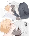  1boy 1other absurdres alternate_costume anger_vein animal_ears annoyed bare_shoulders black_jacket blonde_hair blush braid cat_ears closed_eyes closed_mouth collared_shirt commentary dark_skin eliice131 english_commentary english_text french_kiss from_side hair_between_eyes half-closed_eyes hand_on_another's_chin heart hickey highres honkai:_star_rail honkai_(series) jacket kemonomimi_mode kiss lapels long_hair long_sleeves low-braided_long_hair low-tied_long_hair multiple_views nanook_(honkai:_star_rail) open_clothes open_jacket open_mouth orange_eyes other_with_male phainon_(honkai:_star_rail) phainon_(khaslana)_(honkai:_star_rail) shirt short_hair simple_background snow_leopard_ears speech_bubble sweater turtleneck turtleneck_sweater twin_braids white_background white_hair white_shirt white_sweater 