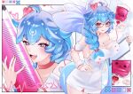  1girl absurdres bao_the_whale blood blood_bag blue_hair braid braided_ponytail breasts cetacean_tail choker chosmahe cleavage clipboard commentary dress fins fish_tail glasses hat heart heart-shaped_pupils heart_choker highres indie_virtual_youtuber large_breasts long_hair looking_at_viewer multiple_views nurse nurse_cap open_mouth pink_choker pink_eyes red-framed_eyewear red_eyes side_ponytail symbol-shaped_pupils syringe tail tongue tongue_out untranslatable_commentary virtual_youtuber whale_girl white_dress white_wrist_cuffs wrist_cuffs 