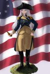  1girl absurdres alternate_costume american_flag_background azur_lane black_boots black_hat blue_coat boots breasts buttons closed_mouth coat commentary cosplay double-breasted english_commentary enterprise_(azur_lane) epaulettes expressionless flag_background full_body george_washington george_washington_(cosplay) grass hair_between_eyes hat highres historical_american_flag holding holding_telescope lapels large_breasts long_hair long_sleeves military_uniform pants purple_eyes riding_boots saber_(weapon) sheath sheathed shirt sidelocks solo standing starving_for_more sword telescope tricorne very_long_hair vest waistcoat weapon white_hair yellow_pants 