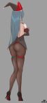  1girl absurdres aksu ass azur_lane black_pantyhose black_shoes blue_hair commentary dated english_commentary full_body grey_background hat high_heels highres jester_cap long_hair marco_polo_(ambitious_showcase)_(azur_lane) marco_polo_(azur_lane) official_alternate_costume pantyhose shoes signature simple_background skindentation thigh_strap 