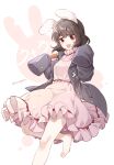  1girl :3 animal_ears barefoot black_jacket borrowed_clothes breasts brown_hair carrot_necklace chargepro chinese_commentary commentary_request dress highres inaba_tewi jacket jewelry leg_up looking_at_viewer medium_hair necklace open_clothes open_jacket open_mouth pendant pink_dress rabbit_ears rabbit_girl red_eyes sleeves_past_fingers sleeves_past_wrists small_breasts smile solo toes touhou translation_request twitter_username 