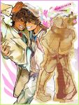 2boys animification arms_around_neck arrow_(symbol) blue_bow blue_bowtie border bow bowtie bridal_veil brown_hair carrying carrying_person closed_eyes coat coattails commentary couple dark-skinned_male dark_skin english_commentary english_text facing_another freckles gradient_border green_border grey_vest grin hair_between_eyes heart highres holding_veil husband_and_husband jacket jay_(ninjago) jewelry kai_(ninjago) kiss male_focus multiple_boys multiple_views ninjago pants pink_border princess_carry red_bow red_bowtie ring scar scar_across_eye scar_on_face short_hair shorts smile starssonick tailcoat tomodachi_life tomodachi_life:_living_the_dream tuxedo veil vest wedding_ring white_coat white_pants white_veil yaoi 