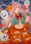  1girl absurdres ahoge bat_(animal) blush bow bowtie bubble_skirt candy commentary_request cropped_shirt embellished_costume food ghost green_shirt green_wrist_cuffs halloween halloween_bucket halloween_costume hata_no_kokoro highres holding holding_candy holding_food holding_lollipop jack-o'-lantern leg_up lollipop long_hair marker_(medium) mask mask_on_head midriff navel orange_skirt panties partially_unbuttoned pink_eyes pink_hair plaid_clothes plaid_shirt red_bow red_bowtie sample_watermark sarieru shirt skirt skirt_cutout solo swirl_lollipop thighs touhou traditional_media underwear very_long_hair watermark white_panties wrapped_candy wrist_cuffs 