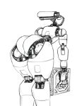  1girl arched_back ass ass_focus bent_over cable camera crate exposed_internal_machinery facing_away faux_traditional_media feet_out_of_frame from_behind greyscale highres humanoid_robot joints looking_to_the_side monochrome no_humans object_head onni_vanilla original picking_up robot robot_girl robot_joints science_fiction simple_background sketch solo thick_thighs thighs white_background 