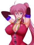 1girl ahoge armpits arms_behind_head blue_eyes braid breasts cleavage closed_mouth commentary_request floating_hair full_cleavage hair_between_eyes half-closed_eyes half_up_braid high_collar high_ponytail kirishima_goro_(55541) large_breasts long_sidelocks lyrical_nanoha mahou_shoujo_lyrical_nanoha_strikers mouth_hold narrowed_eyes no_jacket pink_hair ponytail ribbon ribbon_in_mouth sidelocks signum simple_background skin_tight solo tying_hair undersuit upper_body white_background wispy_bangs yellow_ribbon 