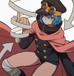  1girl absurdres bandaged_leg bandages bandages_over_mouth black_hat black_jacket black_panties blue_eyes blue_hair buttons cape commentary_request feet_out_of_frame goggles goggles_on_headwear gunko hair_between_eyes hat heterochromia highres jacket kageimo long_sleeves looking_at_viewer one_piece panties pink_cape red_eyes short_hair solo thighs twitter_username underwear 